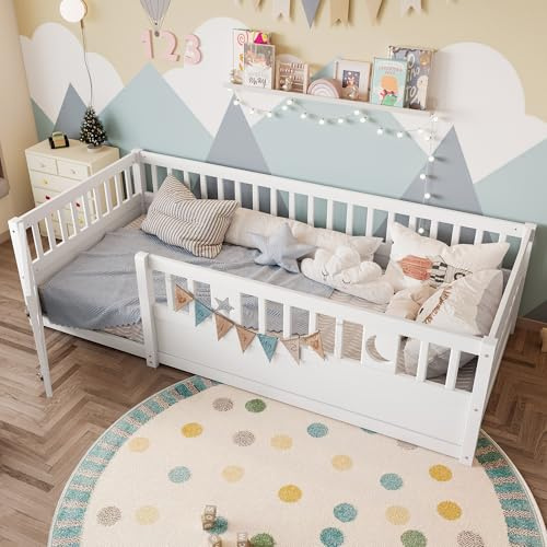Cuna de 90 x 190 cm, cuna con rejilla, decoración de estrellas y lunas, sin somier (sin colchón), estilo minimalista, color blanco