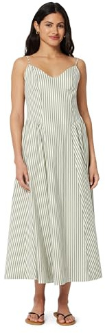 Amazon Essentials Abito Midi Fit & Flare in Popeline di Cotone con Spalline Sottili Donna, Verde Kaki Lavato A Righe Uniformi, M