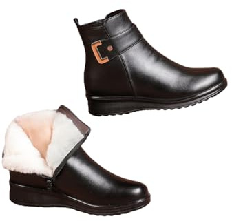 Stivali ortopedici da donna in vera pelle con fibbia in metallo, comodi, caldi, casual, antiscivolo, con cerniera laterale, stivali da neve da donna, Lana nera, 40 EU