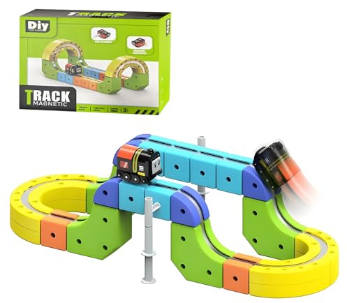 Set de Tren Eléctrico Clickrail con Pista Flexible – 51/81/118 piezas de Bloques de Pista Cubo con Diseños 3D que Defienden la Gravedad, Bloques Magnéticos y Tren Motorizado, Regalos de Juguetes para