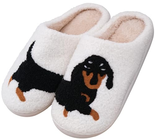 OVBOVA Felt Slippers for Women and Men – Cute Dachshund Pattern Mule Slippers, Warm Plush House Shoes for Indoor & Outdoor, Non-Slip Fuzzy Slippers Unisex