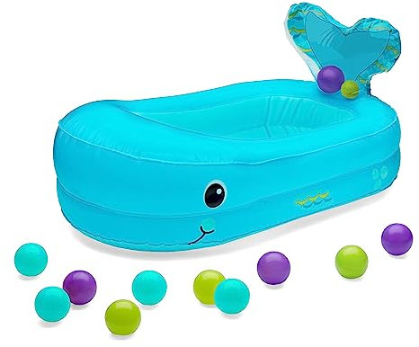 Infantino Aufblasbare Badewanne mit Wal-Schaumbad – Gemütlicher Badplatz mit 10 schwimmenden Bällen, Jingle Tail & Wärmeanzeige für Babys 6–24 m, Temperatursensor