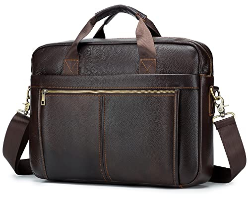BAGZY Maletin para Ordenador Portátil 15.6 Pulgadas Regalo Hombre Maletín de Cuero Genuino Bolso Hombre Bandolera para Portátil Bolso Mensajero Negocios (Café)