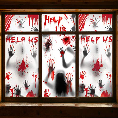 Halloween Window Decorations Zombie Posters - 3 Pcs Giant Bloody Handprints Zombie Silhouettes, Creepy Window Treatment Wall Decor Door Covers for Halloween Scary Haunted House Party Decorations