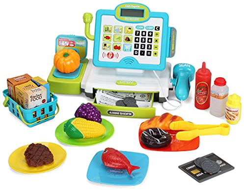 FS Pretend Play Cash Register Toys with Scanner, Calculator, Large Drawer, Microphone, Play Food, Supermarket Cashier Register Toy, Pre-School Gift for Kids, Toddlers, Boys & Girls, Ages 3 4 5 6 7 8