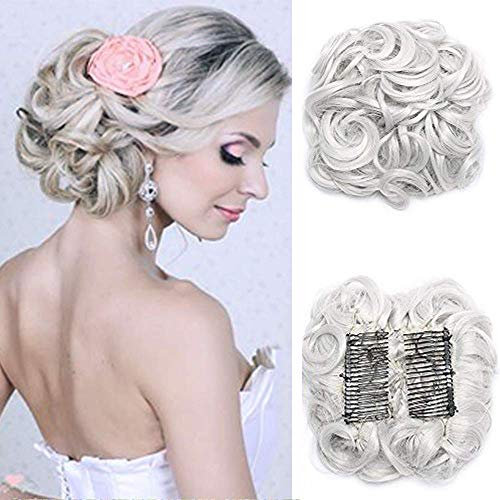 SEGO Chignon Capelli Finti Ricci Toupet Coda Finta Crocchia Clip Elastico Extension Posticci Donna 90g - Grigio Argentato