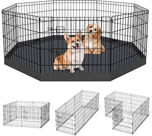 Dog Pen Pet Playpen Dog Fence Indoor Foldable Metal Wire Exercise Puppy Play Yard Pet Enclosure Indoor Outdoor 8 Panels 24 Inch with Bottom Pad/Top Cover (Black with Bottom pad)