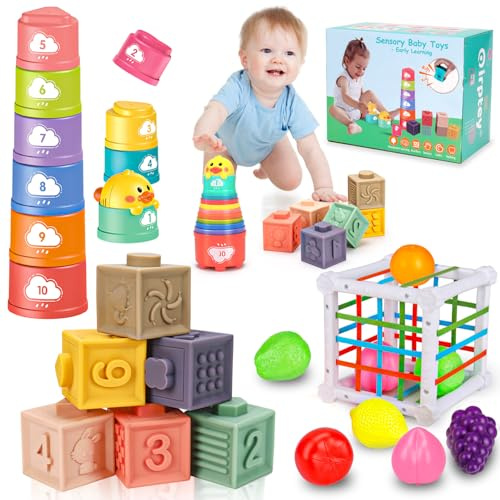 Montessori Baby Toys 6-12-18 Month, Infant Teething Toys Shape Sorter Bin Stacking Cups Blocks for toddlers 1-3, Sensory Educational Learning Toy for 6 7 8 9 10 Month Old Girl Boy 1 2 Year Old Gifts