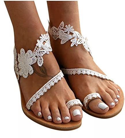 DOIX Chaussures Habillées D'été pour Femmes Bohême Casual Dentelle Fleurs Tongs de Mariage Plates Romain Sandales Confortables À Enfiler Chaussures de Plage en Plein Air,Blanc,US7/EU38
