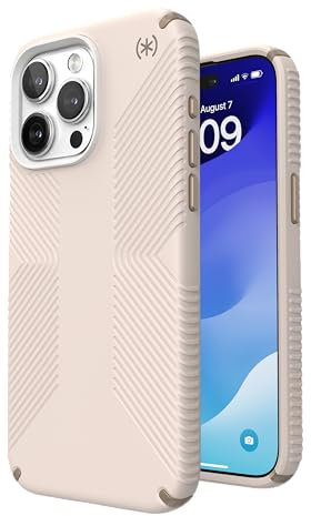 Speck Presidio2 Grip Schutzhülle für iPhone 15 Pro Max, Fallschutz, griffig, kratzfest, weich, 17,5 cm (6,7 Zoll), Presidio2 Grip Bleached Bone/Heirloom Gold/Haselbraun