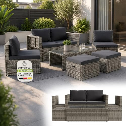 Juskys set di mobili da giardino Salou in polyrattan - Salotto resistente alle intemperie per 6 persone - Con tavolo e cuscini - Per ambienti esterni come giardino, balcone, terrazza - Grigio
