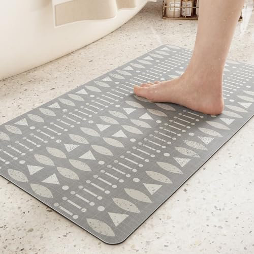Color G Stein Badematte rutschfest 44 x 76 cm, Boho Badvorleger Schnelltrocknend, Saugfähig Badteppich rutschfest Waschbar, Extra Dünn und Absorbierender Duschvorleger, Grau