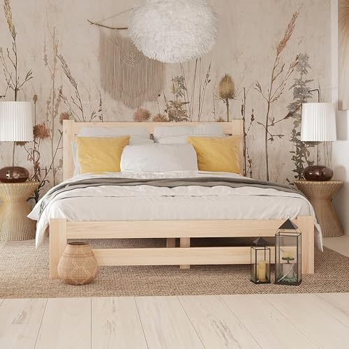 Home Collective Holzbett 120x200 cm mit Lattenrost Modern Bett Bed Kiefer Massiv Bettgestell Doppelbett Massivholzbett Klassisch Komfortabel & Langlebig Skandinavisch Boho Landhaus Kopfteil hoch natur