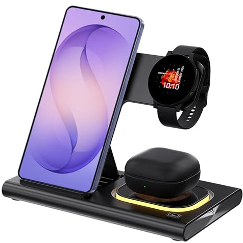 4 in 1 Fast Wireless Charger for Samsung Charging Station Android Phone Multiple Devices LED Light Dock Charger Stand for Samsung Galaxy S26 Ultra S25 S24 S23 S22 Z Flod7/6 Watch 8 7 earbuds (Black)