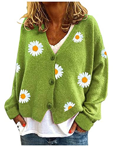 Angxiwan Lightning Deals Today Cardigans for Women UK Warm Sweater Tops Coat Cardigans Daisy Printing Long Sleeve Sweatshirt V-Neck Cropped Next Sale Clearance Womens Green