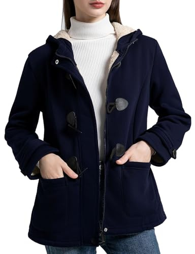 Flygo Sherpa Lined Winter Jackets for Women Fleece Hoodie Jacket Warm Fall Winter Toggle Duffle Coats(Navy-XL)