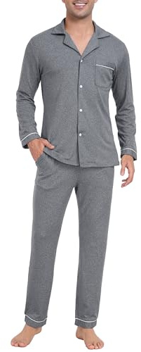 Wikoan Pyjama Homme Hiver Chaud Ensembles de Pyjamas de Boutonné Hauts Manches Longues et Pantalon Pyjama Long Vêtements de Nuit avec Poches Gris L