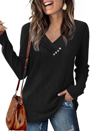 Famulily Pull à manches longues avec col en V pour femme - Hauts d'automne décontractés pour dames, pull basique, Noir , M