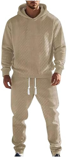 amropi Uomo Tute da Jacquard Pullover Felpa con Cappuccio e Jogging Pantaloni Sportiva Set Khaki, M