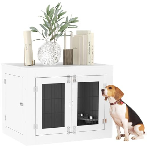 PawHut Cage pour Chien Intérieur en Bois, Caisse avec 2 Bols Rotatifs à 360°, 2 Portes, Table d'Appoint, pour Taille Moyenne jusqu'à 20 kg, 80 x 60 x 63 cm, Blanc