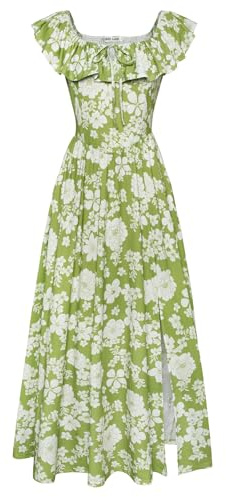 Grace Karin Blomklänning lång axellös volanger slips sommarklänning med ficka, Cl0213-06/grön med vita blommor, XL
