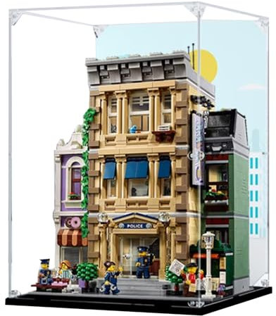 Acryl-Vitrine für Lego 10278 Polizeistation Bauset, transparente Vitrine, staubdichte Vitrine, kompatibel mit Lego 10278 (nur Vitrine) (schwarzer Sockel)