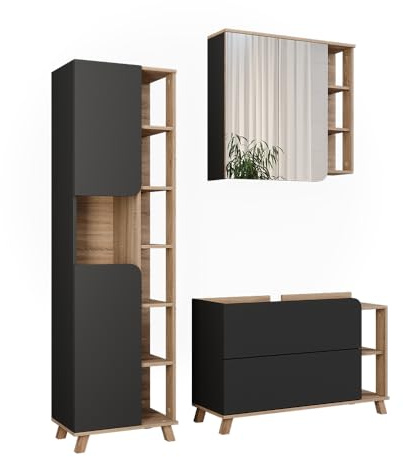 Vicco Set di mobili da bagno Karen, Sonoma/antracite, 100 cm, composto da mobile sottolavabo, specchiera e colonna alta
