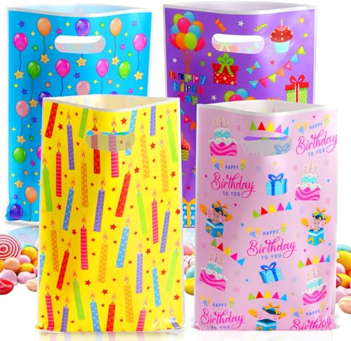 Annhao 50 Pcs Birthday Party Bags for Kids Party, Party Favor Bags for Girls and Boys, Colorful Plastic Gift Goodie Bags, Party Gift Bags for Kids' Birthday, Christmas, Wedding, Festivals (4 Color)