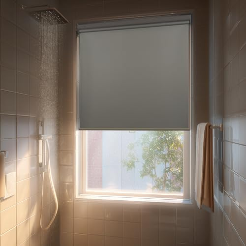 HESTIA No Drill Cordless Blackout Roller Shades Screwless Waterproof Shower Window Blinds, Auto-Retraction Easy Install Blind for Bathroom/Kitchen/Office/Exterior, Grey, 22 W x 54 H