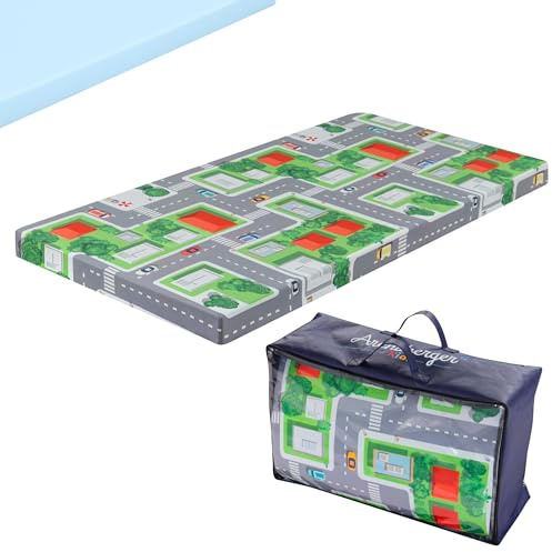 Arensberger Materasso da viaggio per bambini, 60 x 120 cm, altezza 6 cm, pieghevole, con motivo città, schiuma gel Nanocell con rivestimento rimovibile e borsa per il trasporto