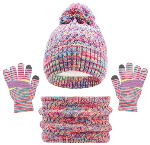 ViEinkaufen Kids Winter Warm Beanie Hat Scarf Gloves Set,3 in 1 Thermal Knitted Pom Bobble Hat Scarf Gloves 6-12 Children Winter Warm Accessories Set for Outdoor Sports