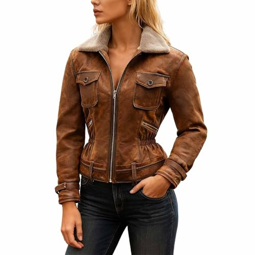 Veste en Cuir Femme Veste De SurvêTement pour Femme RéTro Courte De Motard Fermeture éClair Fermeture éClai Manteau Slim avec Poches Mi Saison Manteau Moto Vetement