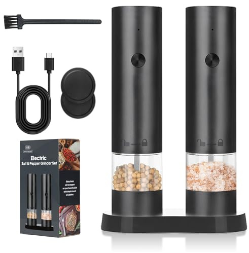 Electric Salt and Pepper Grinder Set, Storage Base, USB Rechargeable Electric Pepper Grinder Mills, External Adjustable Coarseness Spice Grinder Set, One-Handed Operation for Home and Kitchen(2 Pack)