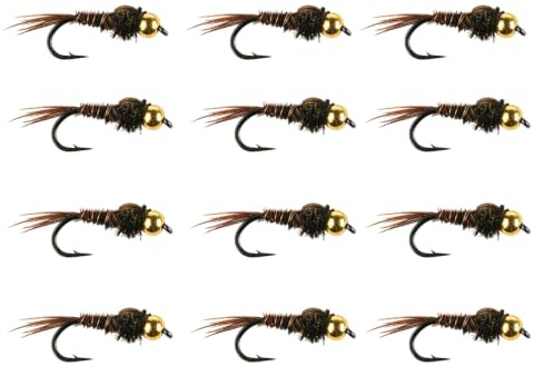 Nymf fiskeflugor, set med 12 kopparhuvudbeten för öring | Realistiska syntetiska lockar, svarta nickelkrokar, snabbgjutning, för flod- och sjöfiske