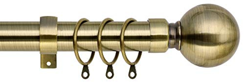 Plain Metal Ball Extendable Curtain Pole. Includes Pair Of Superior 60mm Size Finials, Rings, Brackets & Fittings Set. (Antique Brass, 120cm - 210cm, 48 inch to 83 Inch)