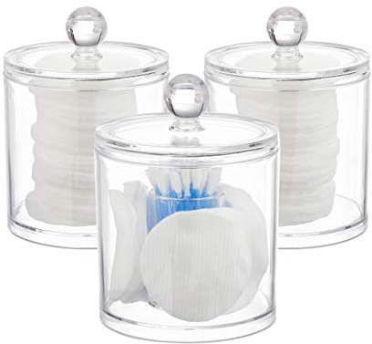 Relaxdays Acryl Organizer im 3er Set, Wattestäbchen Aufbewahrung, Wattepadhalter, mit Deckel, Pflegeleicht, transparent