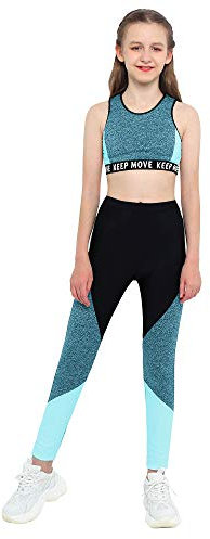 iEFiEL Kinder Trainingsanzug Mädchen Sport BH Weste + Leggings Sportlich Jogginganzug Druck Sportanzug Jumpsuit Große 98-176 Blau 134-140