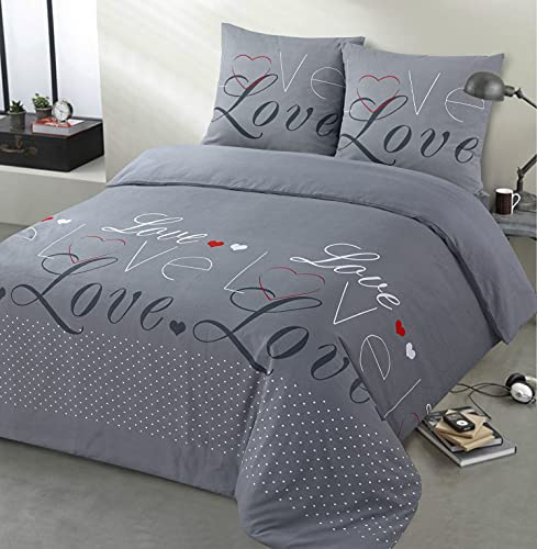 Vision - Juego de ropa de cama de franela - Love Gris - Funda nórdica de 240 x 220 cm con 2 fundas de almohada de 65 x 65 cm para cama de 2 plazas - Franela: Suave y cálida - Fibras naturales