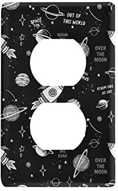 Space Doodle Cartoon Space Rockets, Planets, Stars, Moon, Slogans Duplex Outlets Print Toggle Wall Plate, Switch Plate Cover for Living Room Bedroom Bathroom Office and School