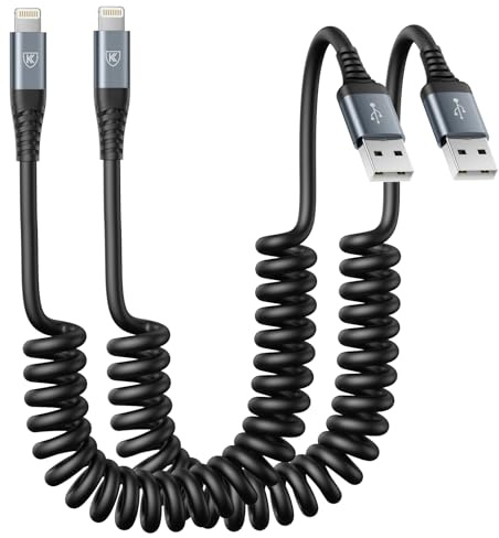 Coiled Lightning Cable, iPhone Charger Cable 3FT for Car, 2 Pack [Apple MFi Certified] 3 Feet Lightning Cord Compatible with iPhone14/13/12/11 Pro Max/XS MAX/XR/XS/X/8/7/Plus/6S iPad/iPod- Black