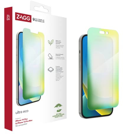 ZAGG InvisibleShield Ultra Eco Screen Protector for iPhone 14 Max / 13 Pro Max, Shockproof, Scratch Resistant, Organic, Anti-Microbial, (Clear)