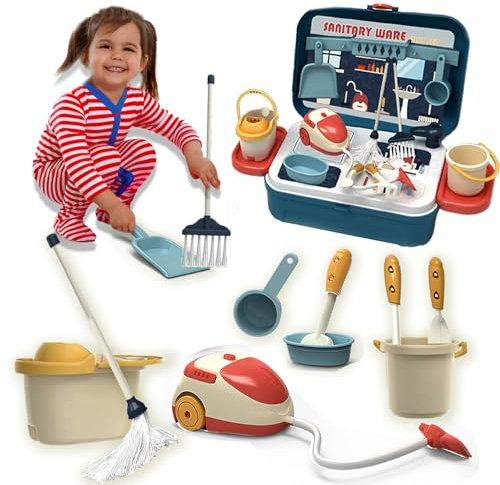COO11 16Pcs Kids Cleaning Playset Mini Housekeeping Tools with Case Includes Broom, Mop, Bucket, Dustpan, Mini Vacuum, Realistic Pretend Cleaning Kit for Children Aged 3+ Years