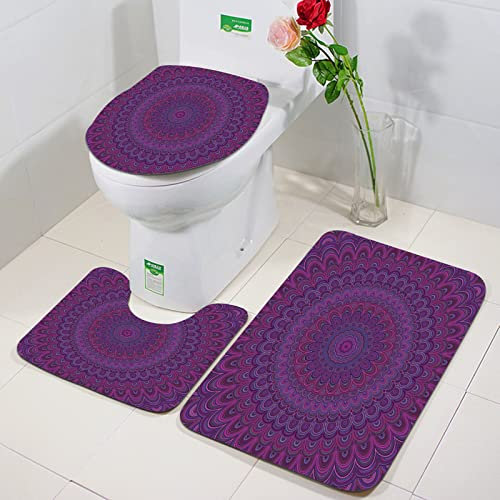 Rutschfeste Badematten 3 teiliges Set,Aubergine, lila Mandala-Form mit einem Kaleidescopic Stil der sechziger Jah,Hohe Wasseraufnahme, weiche Mikrofaser, WC-Vorleger, WC-Sockelmatte, maschinenwaschbar