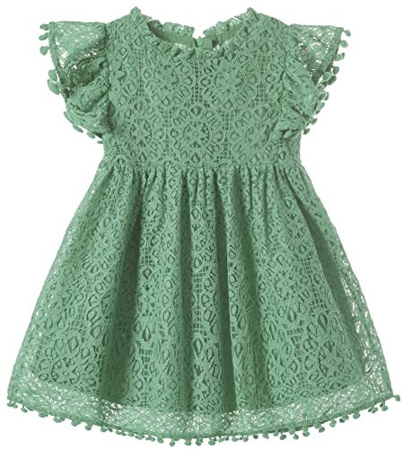Beganly Vestido de encaje elegante para niñas con pompones vintage con mangas aleteadas, vestidos de fiesta, Cremalleras-salvia verde, 2 años