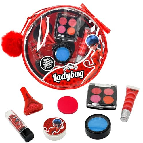 Miraculous Ladybug, Coffret Maquillage 10-en-1 pour Enfants : Vernis à Ongles, Rouge à Lèvres, Palette de Poudre Compacte, Brillant à Lèvres… et Pompon. (Marinette)