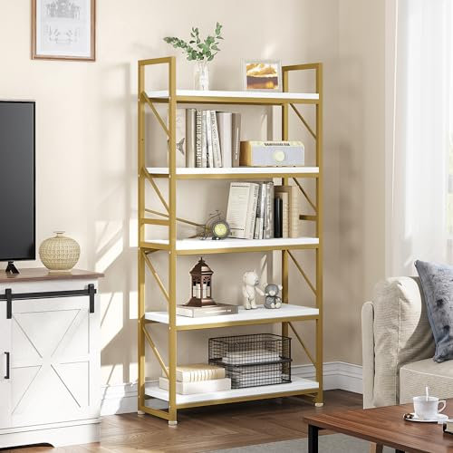YITAHOME Bücherregal Mit 5 Ebenen - Industrielles Holzregal Mit Metallrahmen, Großes Freistehendes Präsentationsregal für Wohnzimmer, Heimbüro - Gold