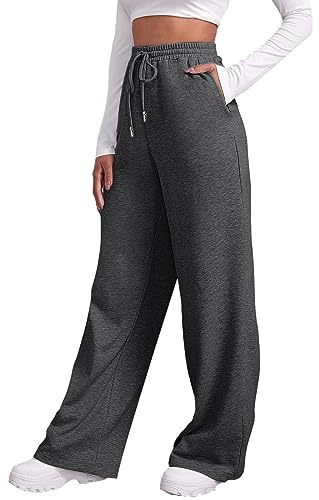 Pantalon Droit Femme Taille Haute élastique Hiver Pantalon Fluide Femme Grande Taille avec Poche Printemps Pantalon Ample Femme Chic Et élégant Confortable Jogging Sport Décontracté (Gris foncé, XL)