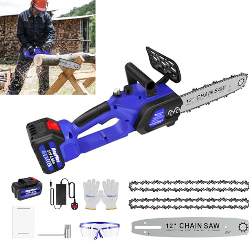 600W Tronconneuse à Batterie, 12-Pouces Tronçonneuse Electrique sans fil avec 1 x 4.0Ah Batterie, 2 Chaînes, Pour le Jardinage, les Elagueurs, les Coupes à Bois