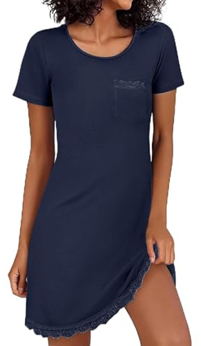 Demegimi Camisón Mujer Verano Camisones para Mujer Ropa para Dormir de Mujer Algodón de Manga Corta de Encaje Vestido Elegante Casual Talla Grande(Azul Marino,XL)