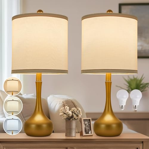 HELIJIA 23 Farmhouse Golden Metal Table Lamp Set of 2, Modern Bedside Lamps with 3 Color Temperature for Living Room, Bedroom, Night Stands, Dorm, Office, Home Decor, Linen Shade (Bulb Included)
